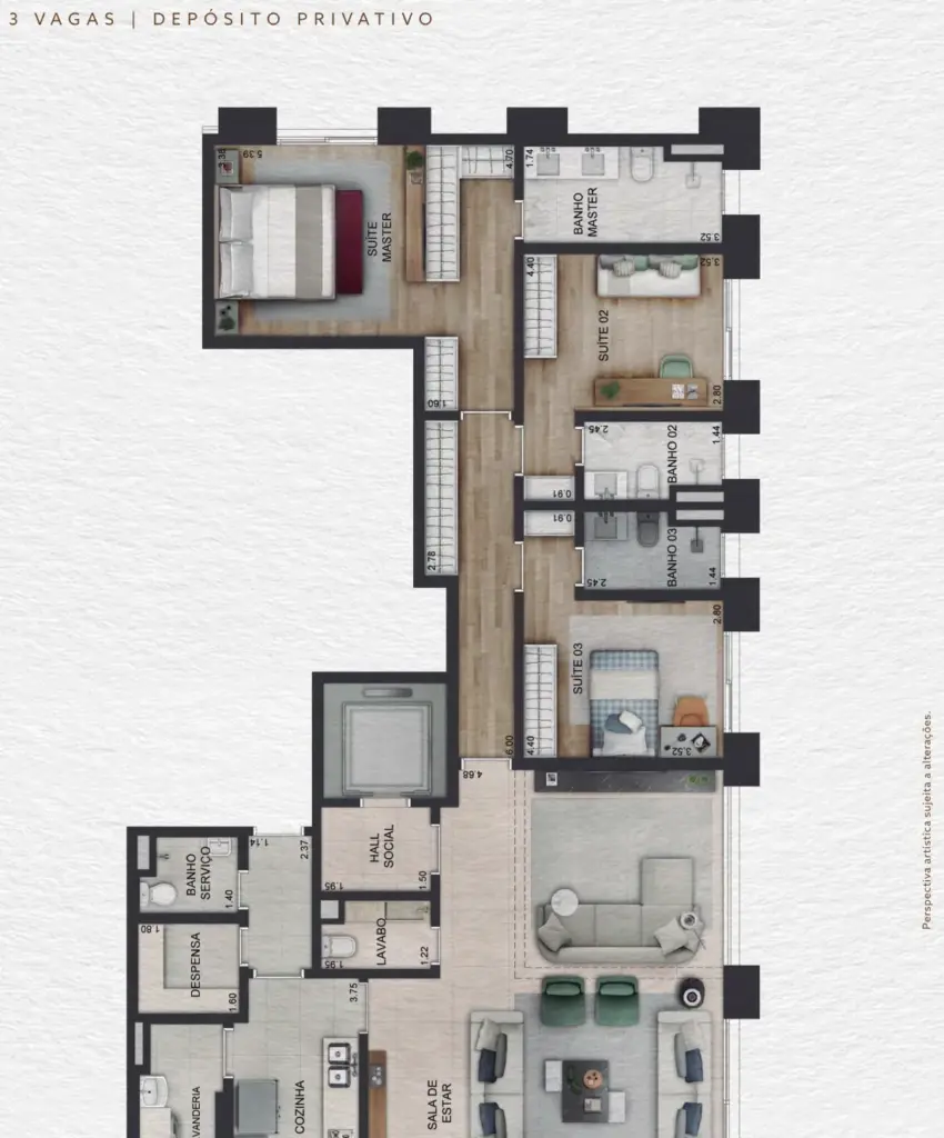 Planta de 191 m² da Torre Clodomiro do Praça Lindenberg Itaim com 3 suítes e cozinha fechada. Planta ilustrada
