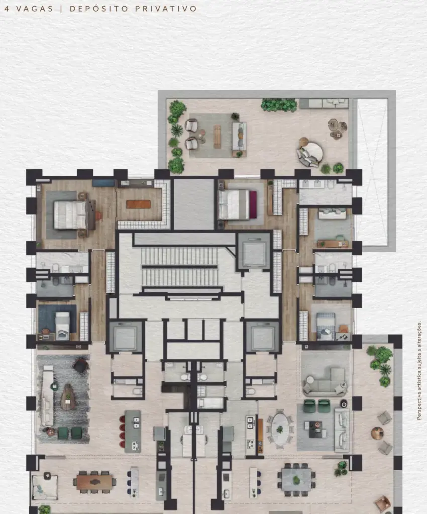 Pavimento garden da Torre Clodomiro do Praça Lindenberg Itaim com os apartamentos de 243 e 366 m². Planta ilustrada