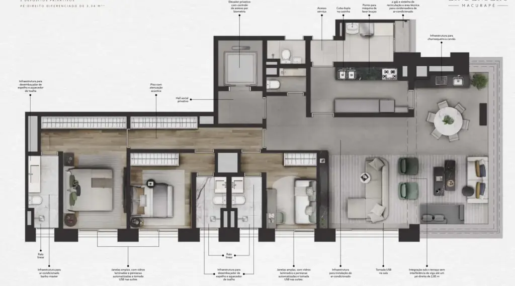 Planta de 154 m² da Torre Macurapé do Praça Lindenberg Itaim com cozinha fechada. Planta ilustrada