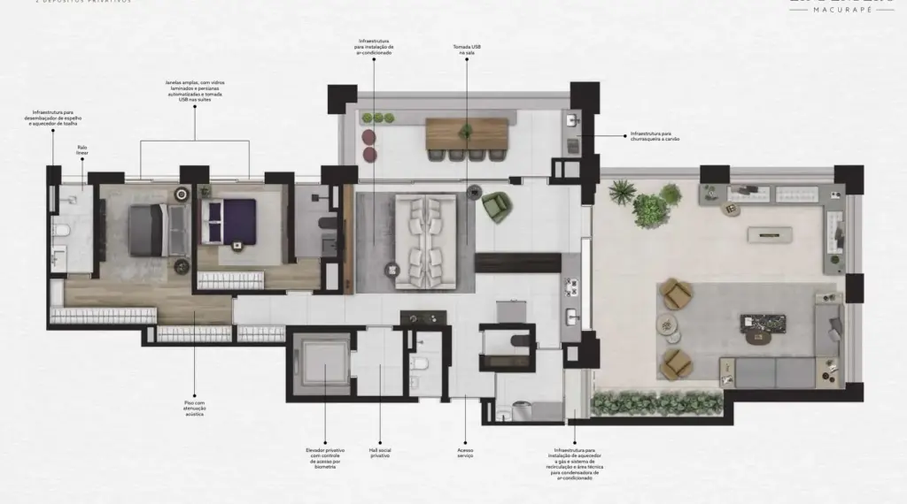 Planta garden de 195,45 m² da Torre Macurapé do Praça Lindenberg Itaim. Planta ilustrada