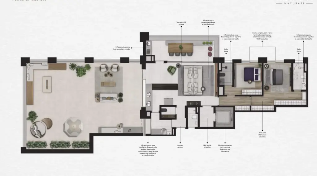 Planta garden de 249,30 m² da Torre Macurapé do Praça Lindenberg Itaim. Planta ilustrada